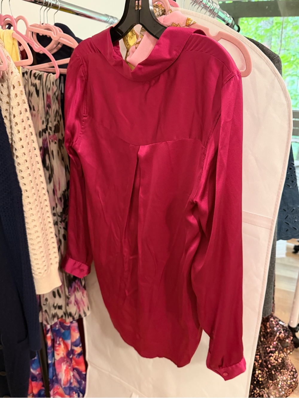 L'AGENCE Silk Button-Down Shirt in Fuchsia - Picture 2 of 2